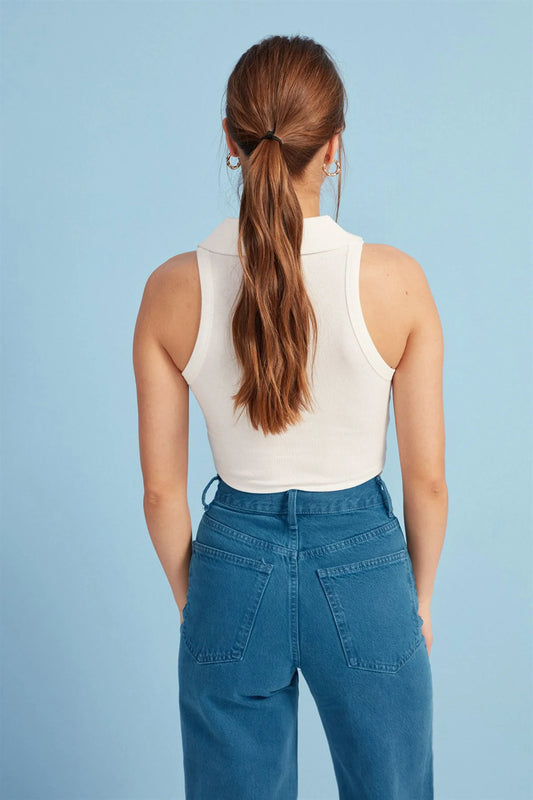 Crop Top mit Polokragen - weiss