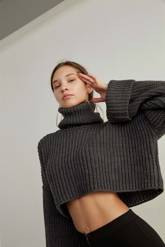 kurzer Rollkragen Crop Pullover - grau